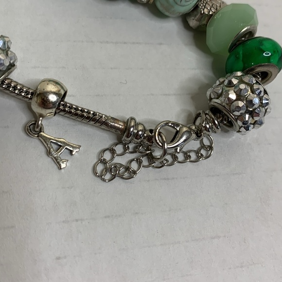 Silver Charm Bracelet | Green Jewels Chinese Writing Charms Hearts Letter A - Picture 3 of 5